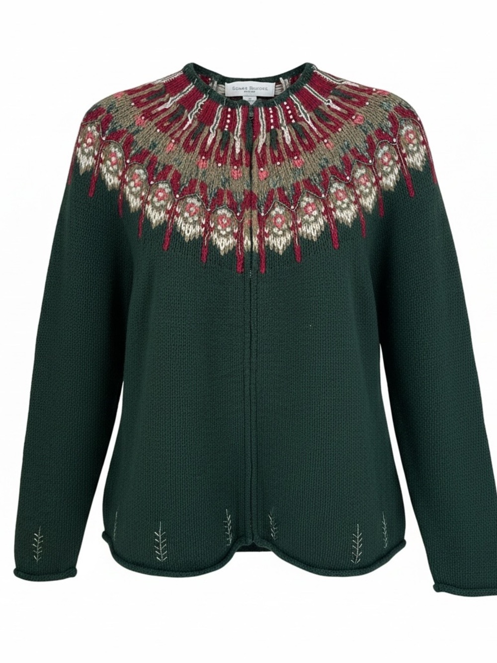 Susan Bristol Angora Blend Fair Isle Beaded Zip Front Cardigan Sweater Green PL - Picture 3 of 10
